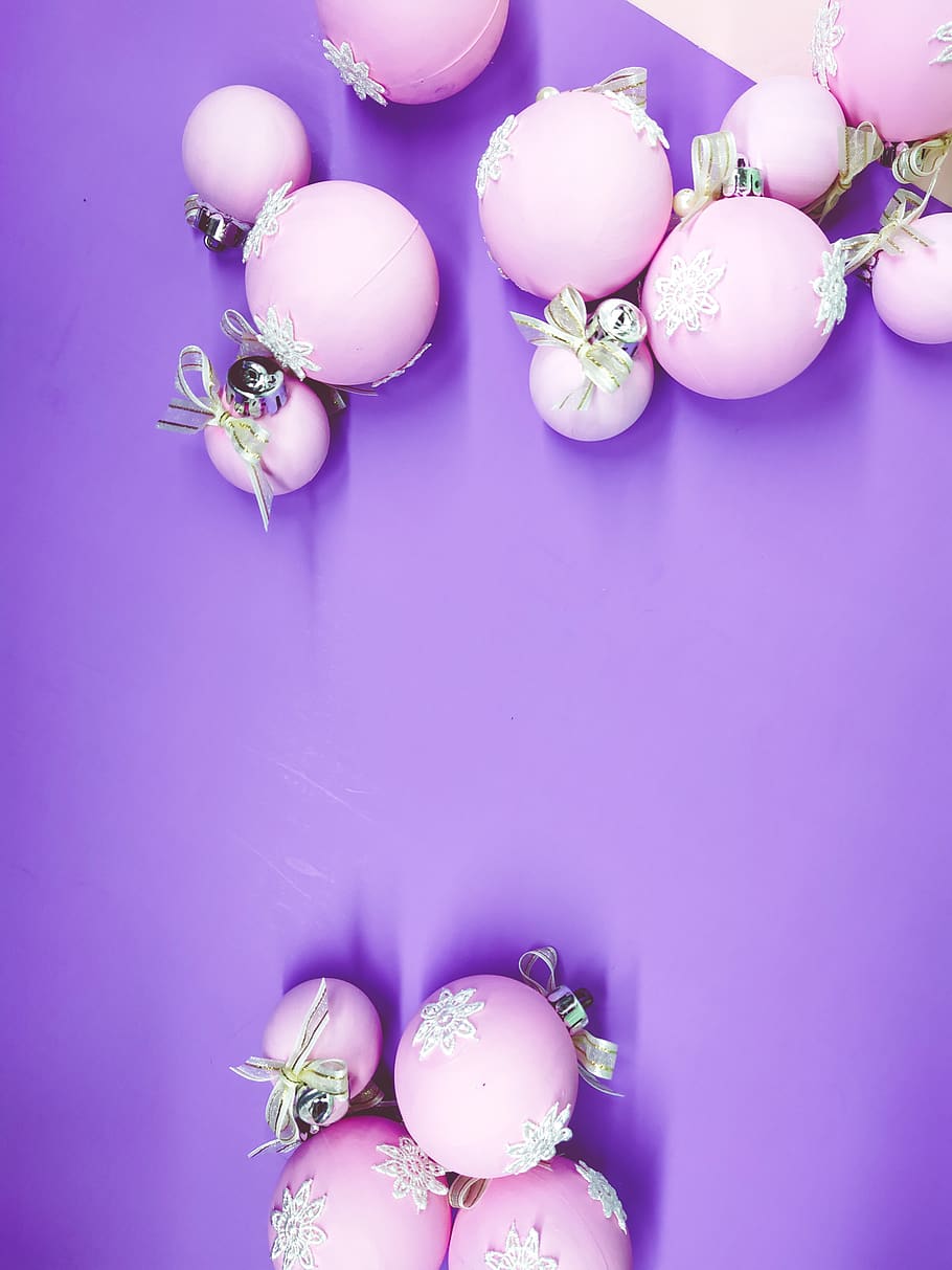 flat lay, christmas spheres, pink, white and purple background, xmas and new year holiday, celebration, indoors, purple, egg, freshness