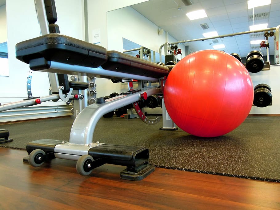 red, stability ball, bench press, ball, gym ball, in the gym, mirrors, lights, indoors, sport