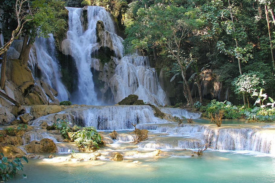 waterfalls, surrounded, trees, luang prabang, laos, unesco heritage, colorful, beautiful, kuang si waterfall, kuang si falls
