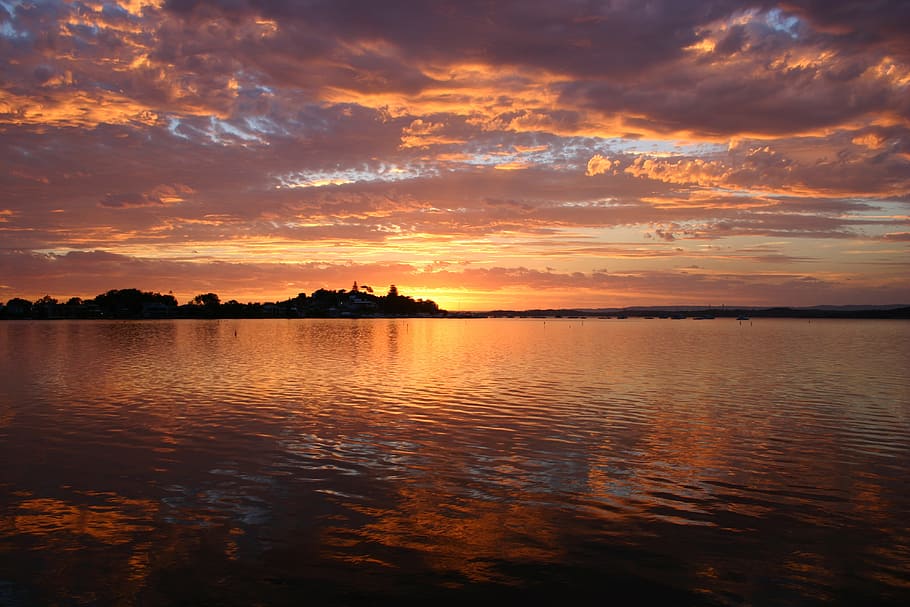 体, 水, オレンジ, 日没, マッコーリー湖, 美しい, 空, 雲, 湖, 赤