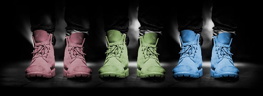 three, pairs, pink, green, blue, lace-up high-top shoes, shoes, mode, colors, black background