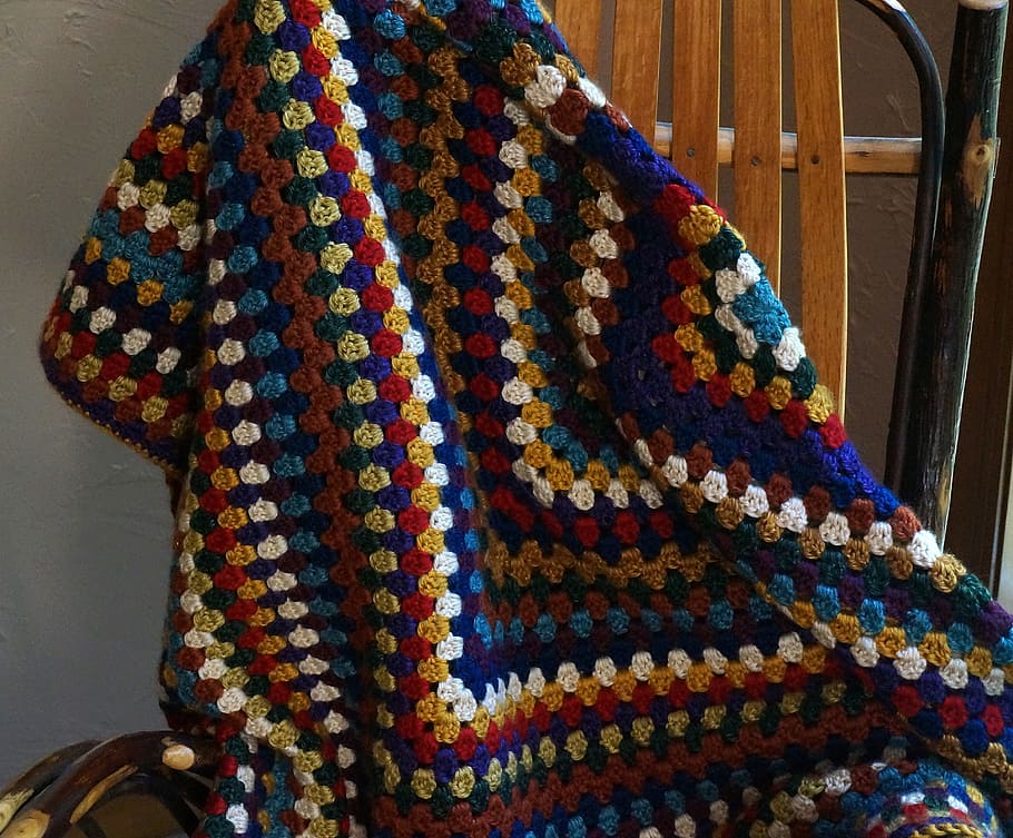 かぎ針編みのアフガン, カラフル, かぎ針編み, アフガン, カラフルなかぎ針編みのアフガン, 糸, クラフト, 手作り, ウール, マルチカラー