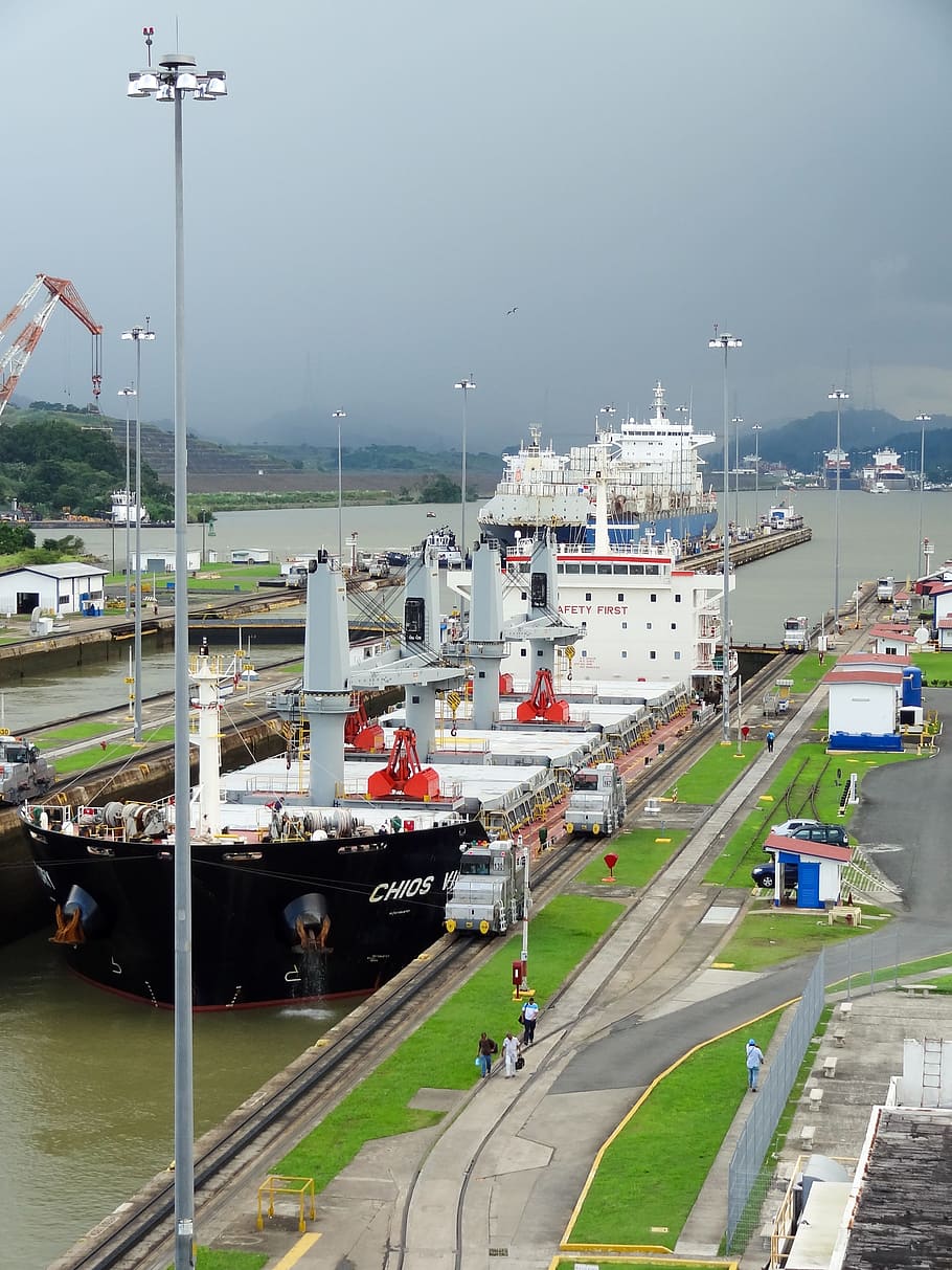 the panama canal, ship, panama, pacific, transportation, mode of transportation, water, architecture, sky, building exterior