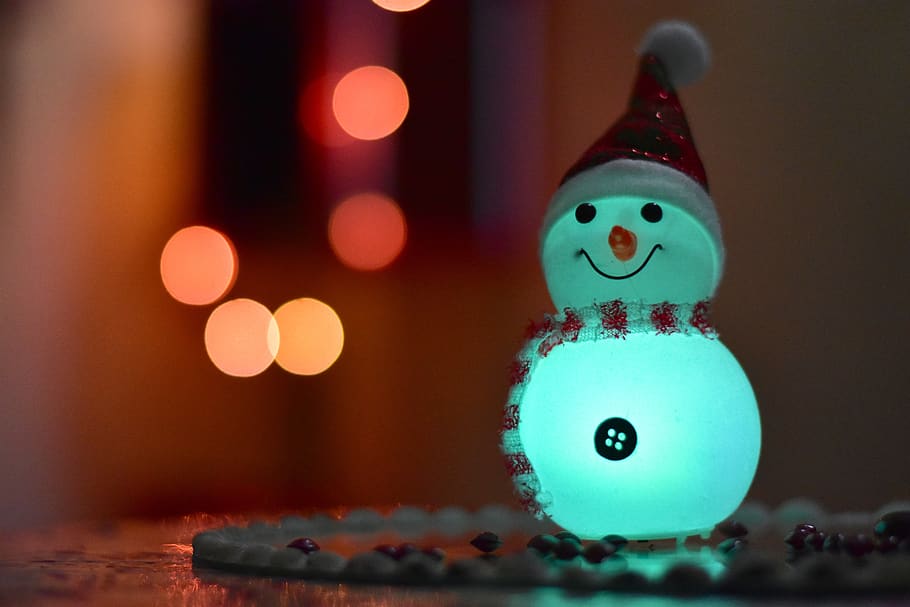 candid, snowman, lights, bokeh, christmas, december, decoration, winter, snow, advent