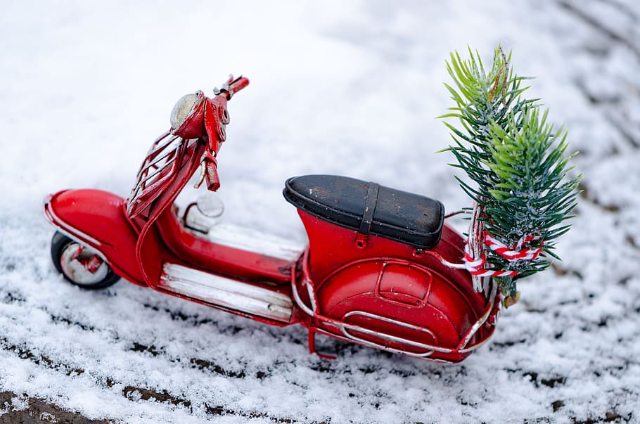 red, motor scooter, snow, vespa, scooter, moottero vehicle, the vehicle, toy, toys, children's toys