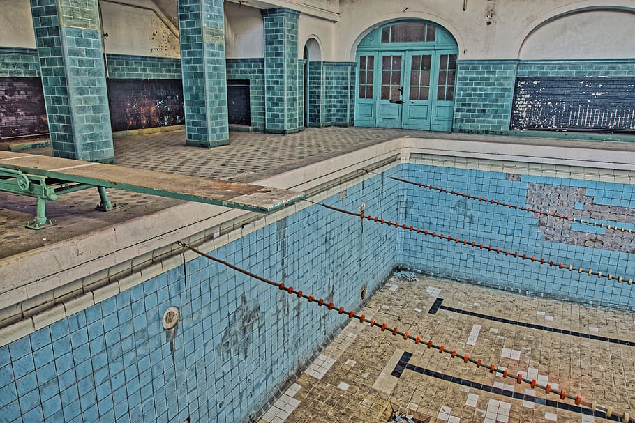 lost places, swimming pool, old, broken, abandoned, hdr, architecture, ailing, dilapidated, transience