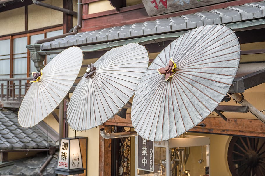 japan, kyoto, umbrella, tradition, old town, architecture, wood - material, day, protection, built structure