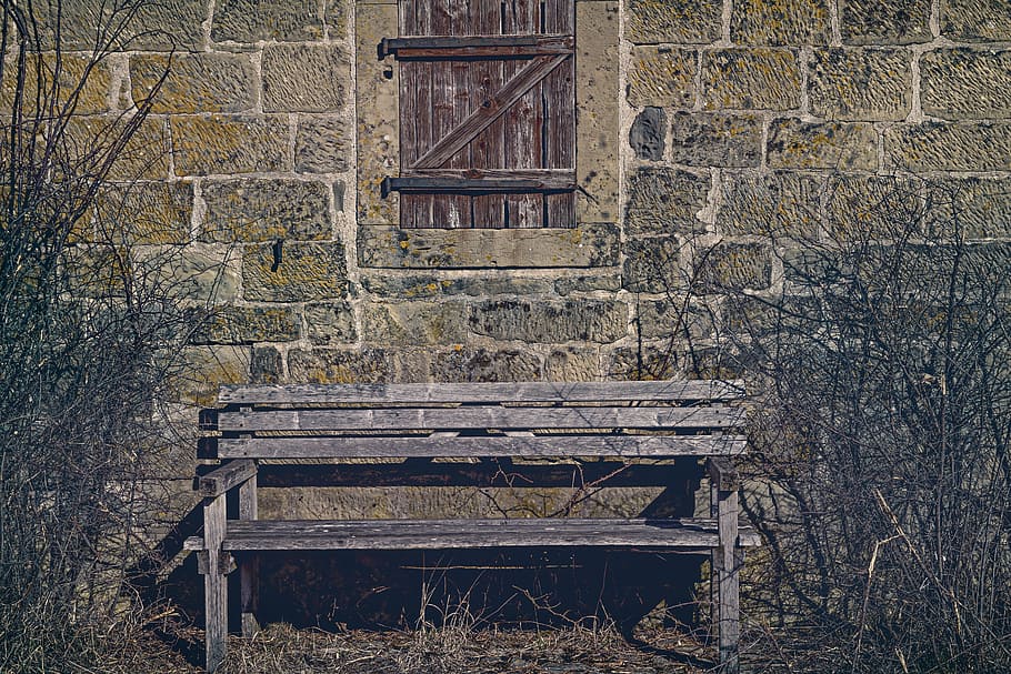 bank, wooden bench, wooden windows, facade, old, window, wall, tranquility base, old bench, romance
