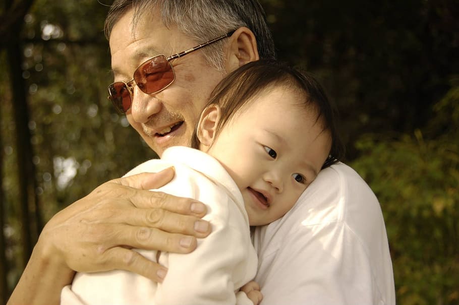 man carrying baby, warm feeling, great-grandfather, sweet, two people, child, family, adult, togetherness, emotion
