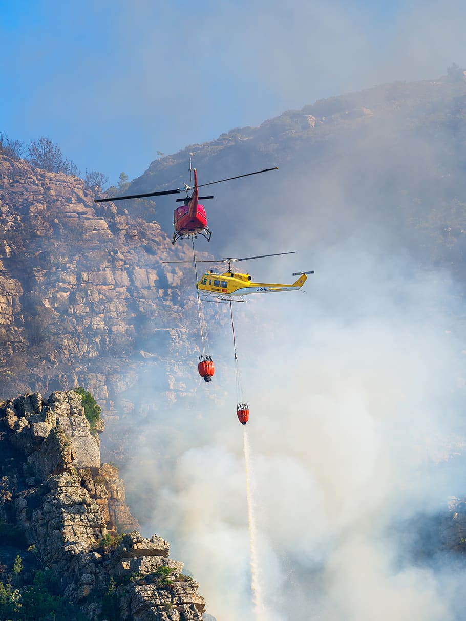 fire fighting helicopters, sky, smoke, fire, clouds, landscape, forest, nature, helicopter, air