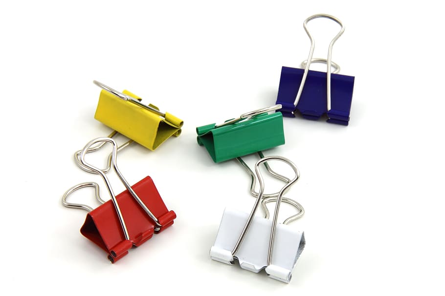 five, assorted-color binder clips, Binder, Clips, Clip, Metal, blue, green, office, rainbow