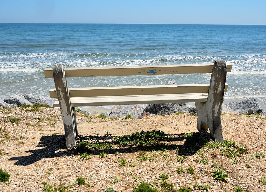 Bench Seat, Beach, View, Seascape, outdoors, waves, ocean, sky, empty, travel