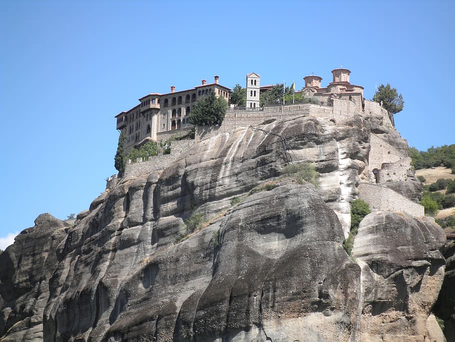 greece, meteora, monastery, montain, sky, low angle view, nature, architecture, rock, history