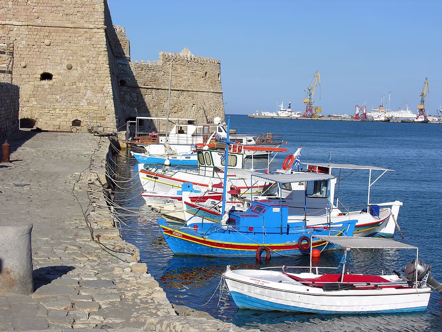 Boat, Fishing, Fishing Boat, Greece, Crete, boat, heraklion, lookout tower, fort, nautical vessel, moored