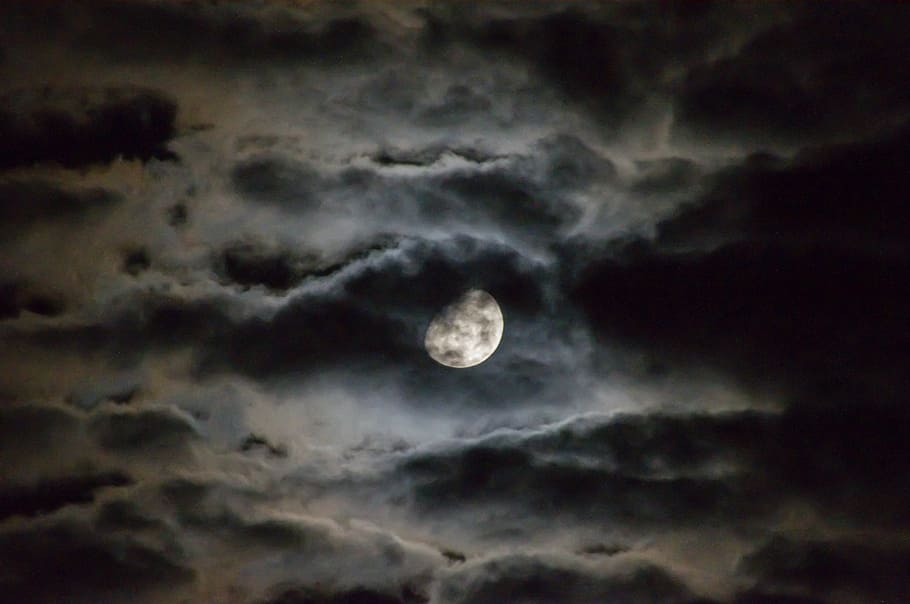 full, moon, black, white, clouds, night, sky, dark, moonlight, full Moon