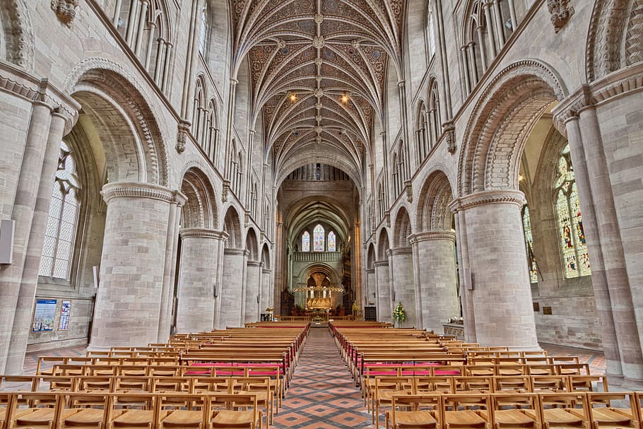 Hereford Cathedral, brown wooden church chairs, architecture, built structure, religion, arch, place of worship, spirituality, building exterior, building
