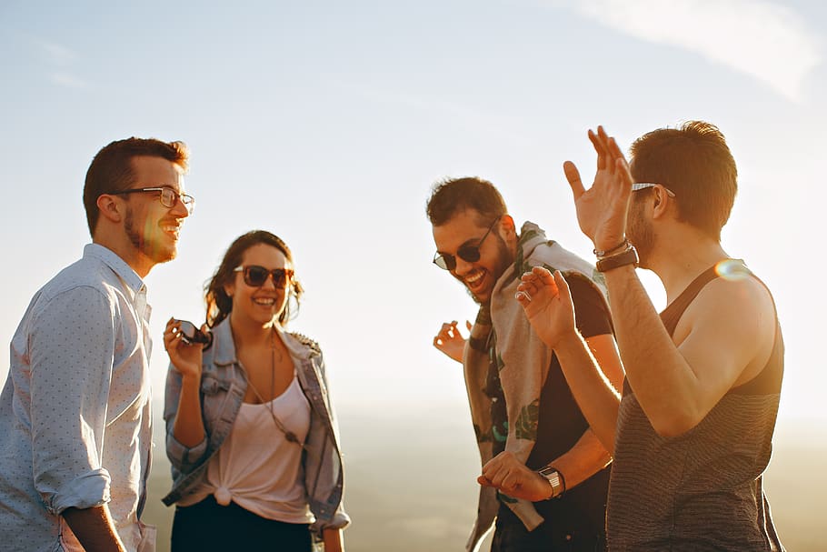 group, friends, laughing, man, woman, people, happy, smile, adventure, sunglasses