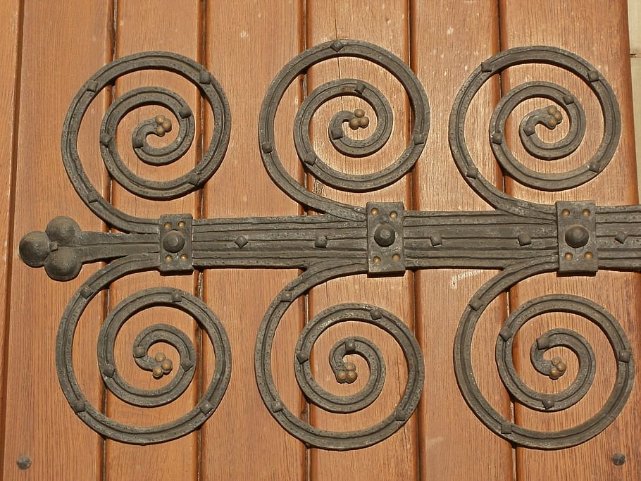 decorativos, bisagras, st sebastian, ketsch, puerta, antiguo, madera, diseño, hierro, adornado