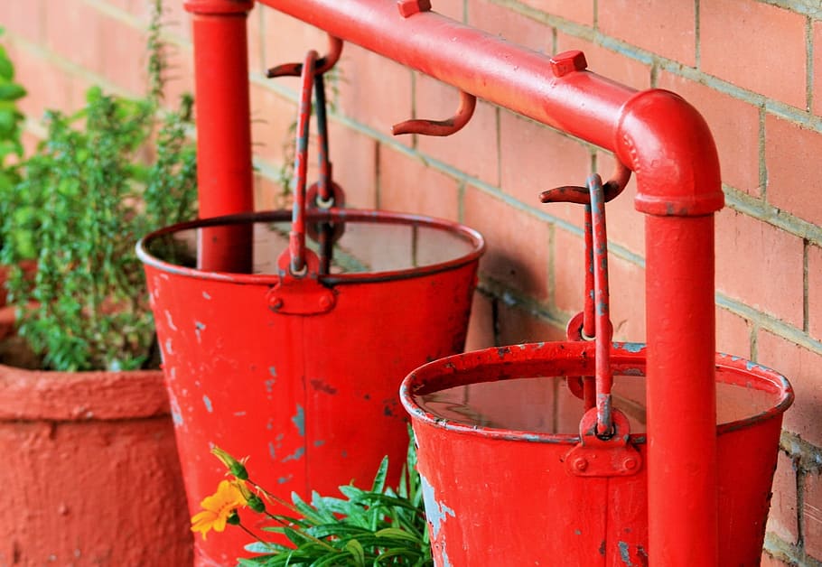 two, red, metal buckets, filled, water, bucket, fire, extinguish, precaution, liquid