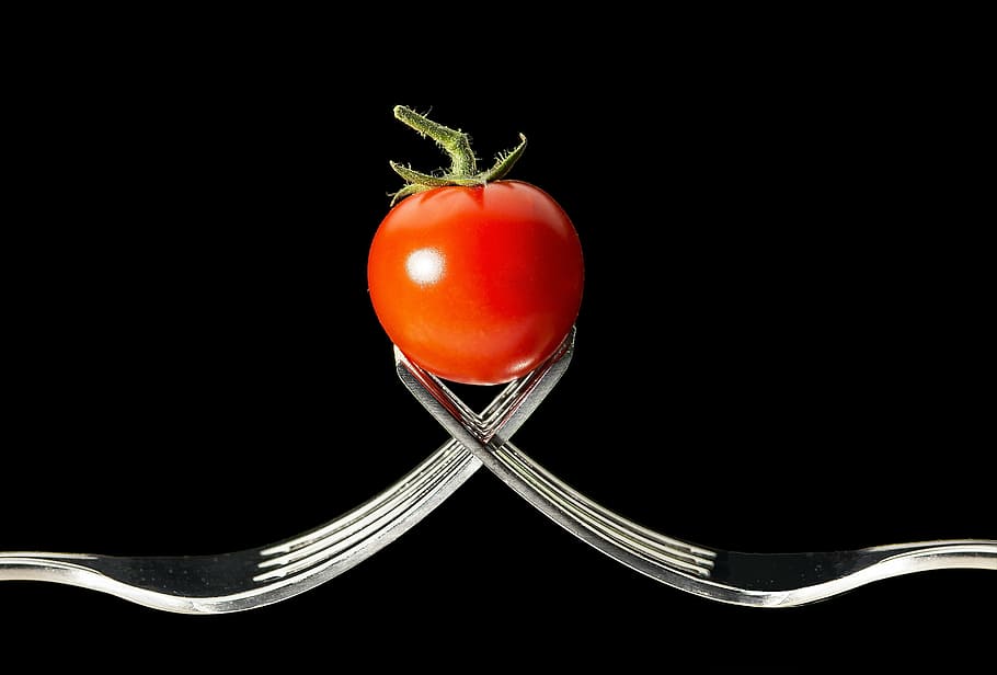 tomato, tips, two, forks, macro, red, vegetable, black background, food, food and drink
