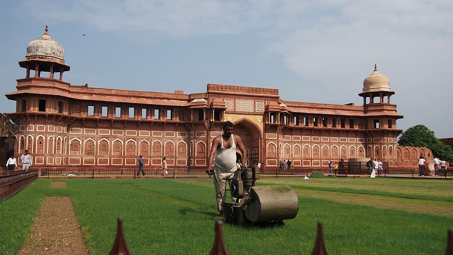 agra fort, red building, architecture, gazon, care, grass-cutter, lawn mower, india, building exterior, built structure