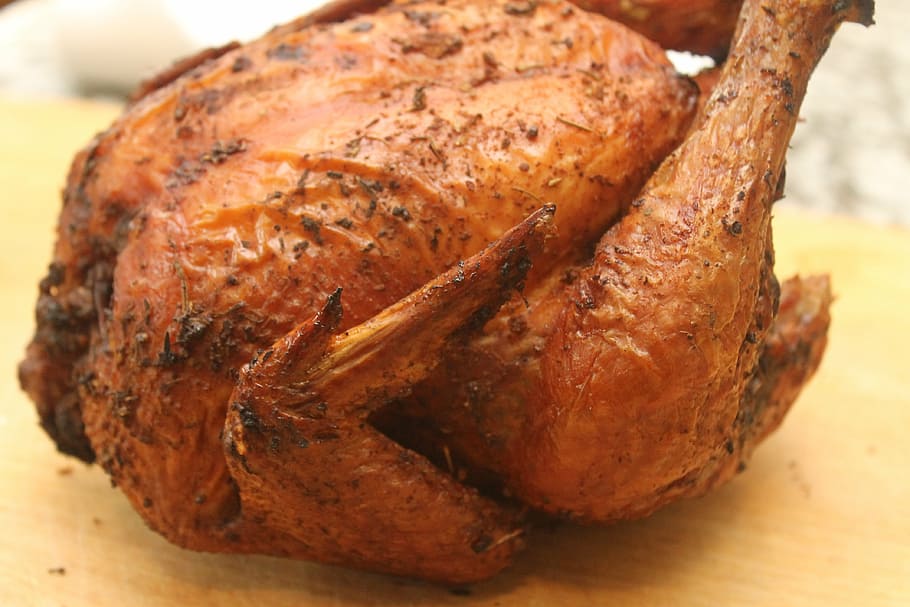 roasted, chicken, chopping, board, roasted chicken, food, meat, dinner, roast, meal