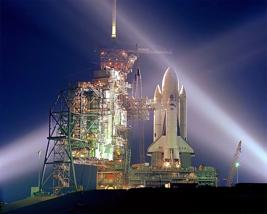 nasa rocketship launching, columbia, cape canaveral, florida, rocket, evening, nasa, outside, launch pad, space shuttle