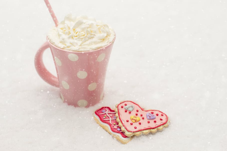 two, heart, shaped, cookies, whip cream, served, white, pink, polka dot mug, valentine