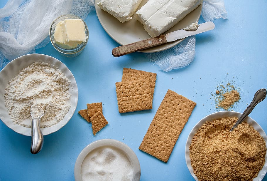 foto, cuenco, lleno, triturado, grahams, harinas, ingredientes, mantequilla, queso, galletas