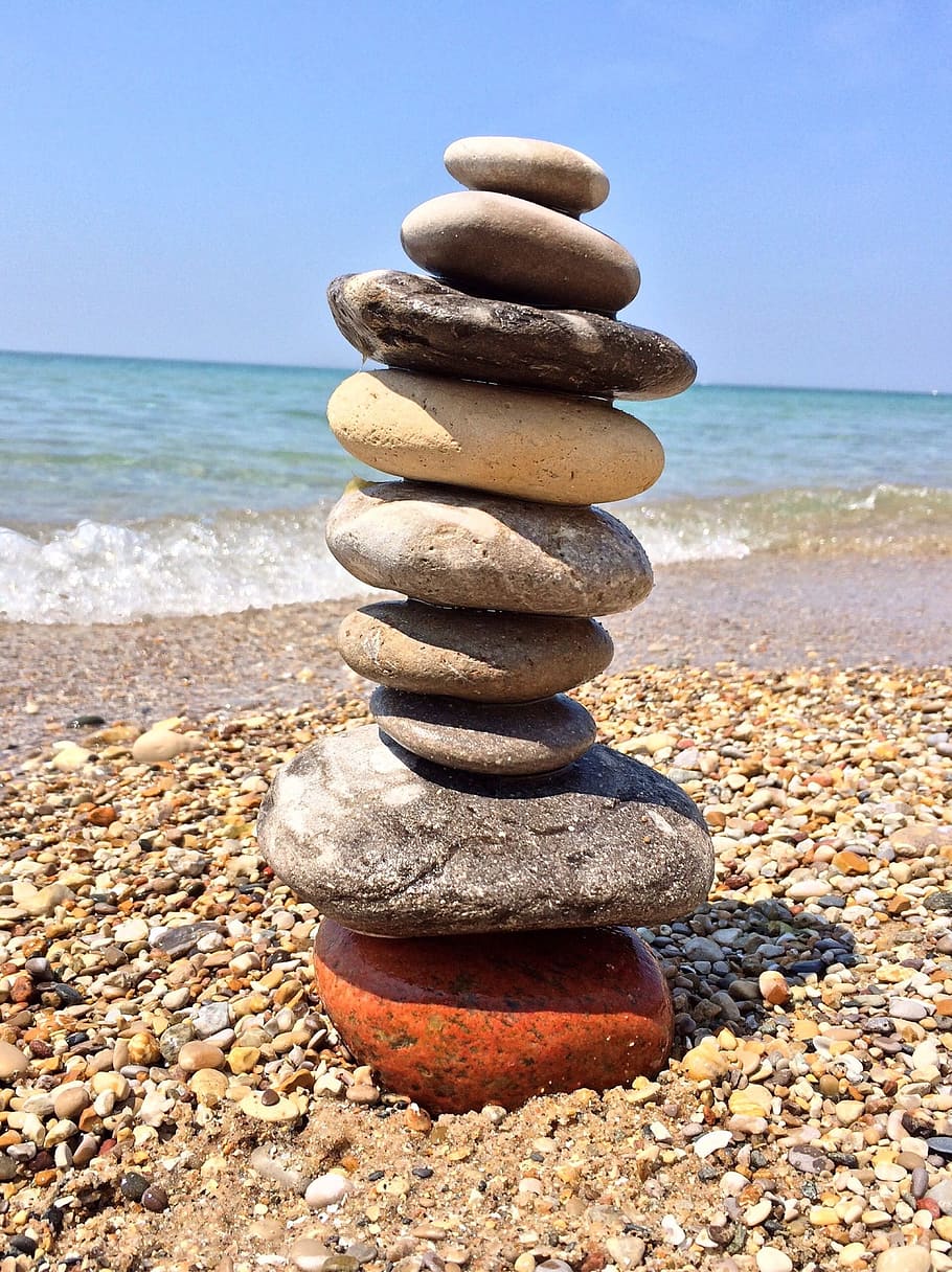 Piedras, apiladas, equilibrio, mar, playa, guijarros, pila, arena, piedra - objeto, tierra
