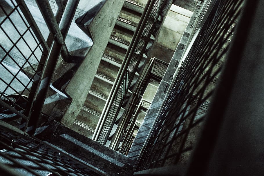 architecture, building, stairs, steel, industrial, concrete, lines, shapes, patterns, perspective