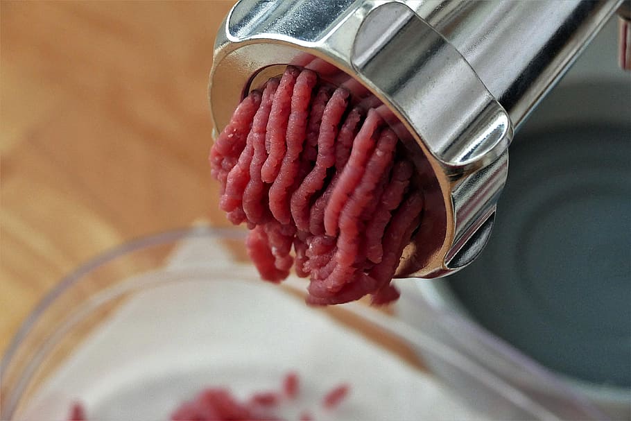 meat, gray, metal grinder, mincer, minced meat, food processor, minced ' meat, raw, food, kitchen utensil