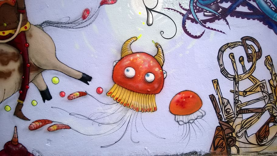 ilustrasi ubur-ubur oranye, streetart, jalan, seni, perkotaan, intervensi, digambar tangan, grafis, desain, grafiti