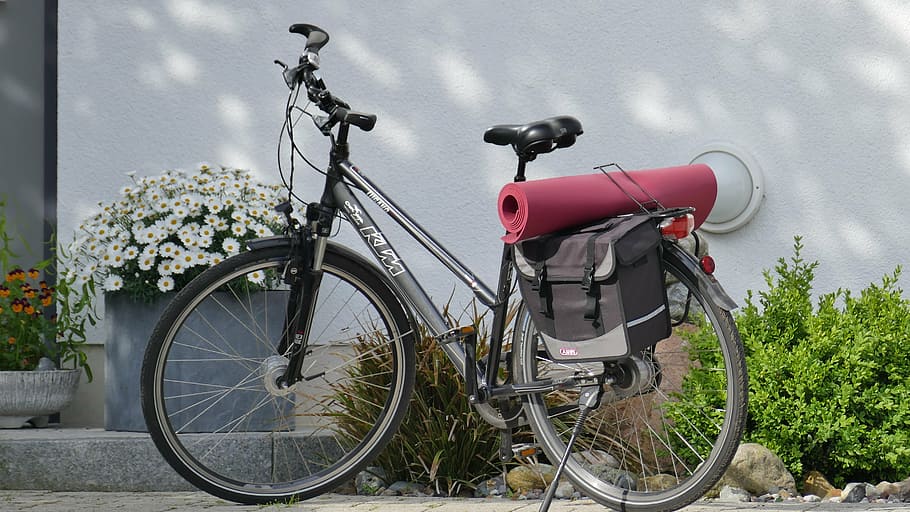 black, gray, hardtail bicycle, white, petaled flower, wheel, bike, mat, yoga, two wheeled vehicle