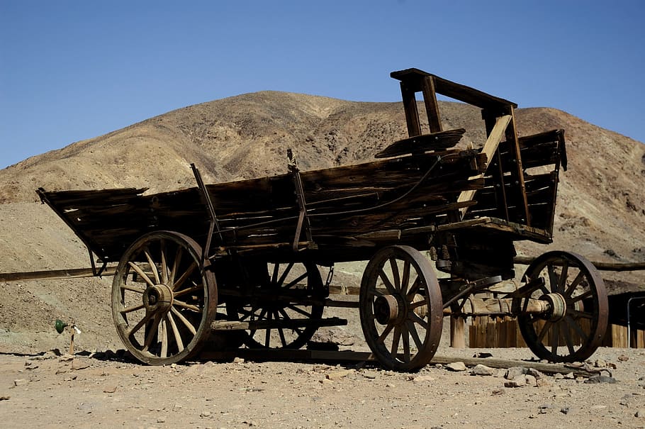 茶色の馬車, 西, アメリカ合衆国, 砂漠, 古い, 木材, トラック, ワゴン, 西部, 昔ながら