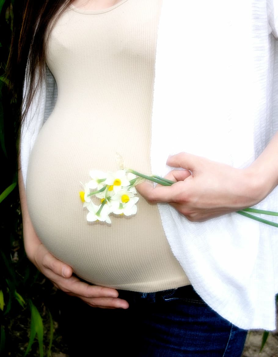 pregnant, woman, holding, flowers, belly, mom, mother, pregnancy, baby, maternity