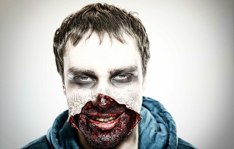 man, makeup, wears, blue, hoodie, zombie, spooky, horror, make-up, face