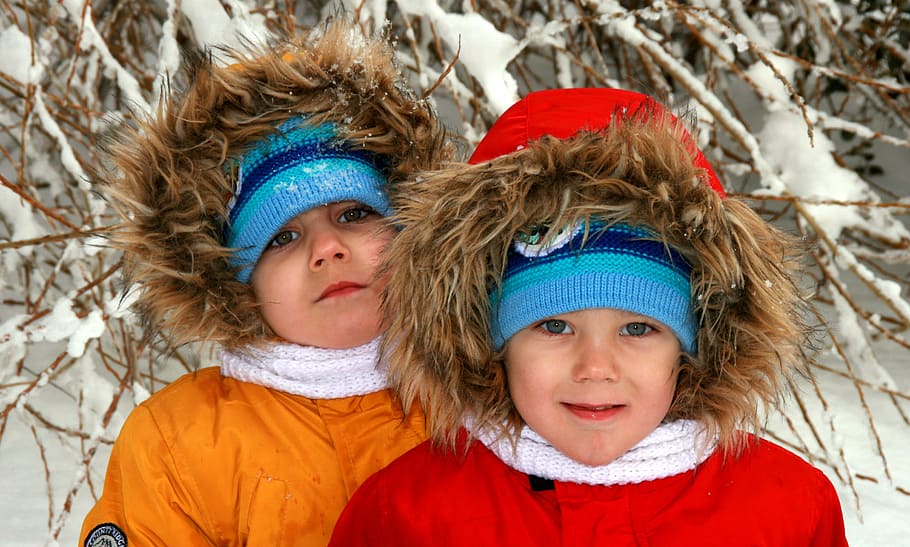 twins, brothers, winter, snow, portrait, smile, blue eyes, child, childhood, two people