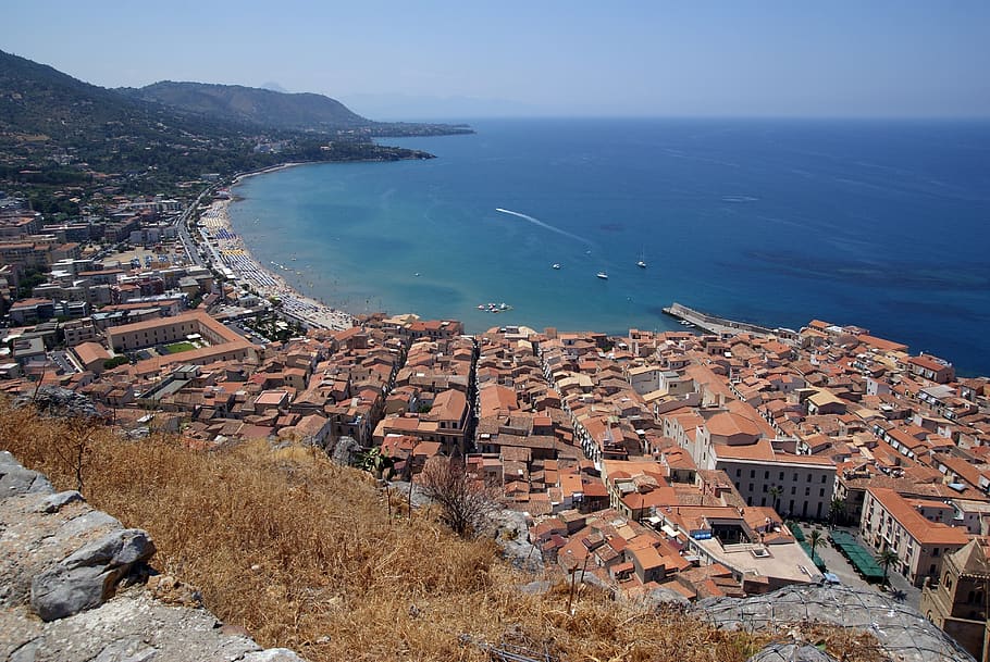 cefalu, sicily, sicilia, italy, italia, sea, the coast, monolithic part of the waters, beach, building exterior