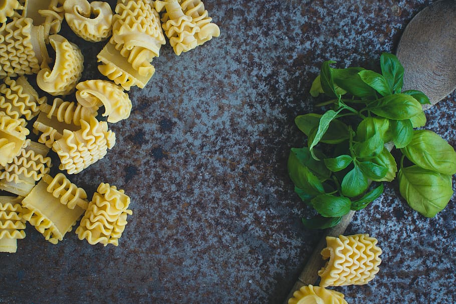 colorful pasta setting, Colorful, pasta, basil, green, hero image, italian, top view, yellow, food