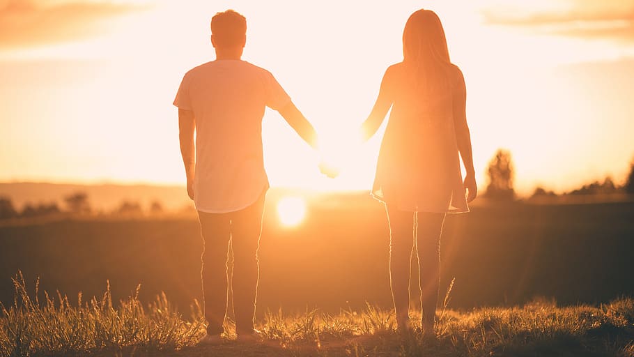 two, couple, holding, hand, together, people, man, woman, holding hands, sunset