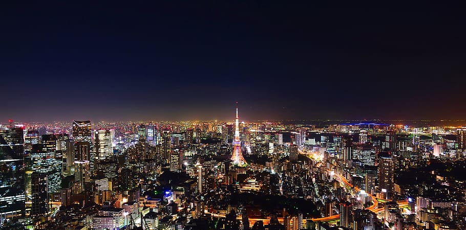 aerial, paris, Tokyo, Japan, City, Panorama, tokyo, japan, urban, night, evening
