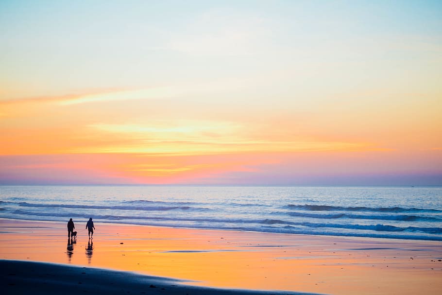 dos, personas, de pie, playa, baja, marea, dorado, hora, playa puesta de sol, gente caminando