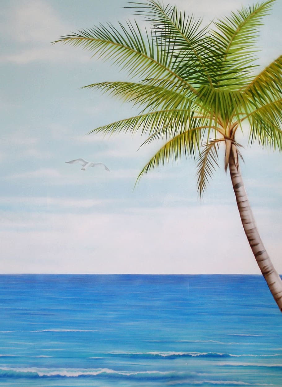 mural, painting, palm, sea, tropical climate, palm tree, water, sky, horizon over water, horizon