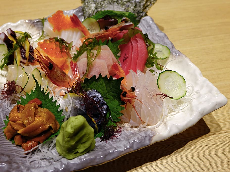 sliced, meat, leafy, greens, Sashimi, Salmon, Fish, Food, Seafood, salmon fish, food