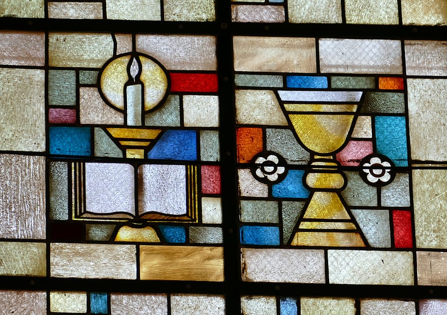 window, church, church window, stained glass, christianity, christian, candle, bible, cup, last supper