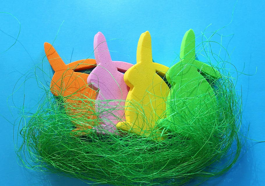bunnies, easter, decoration, colorful, color, figurines, blue, holiday, multi colored, green color