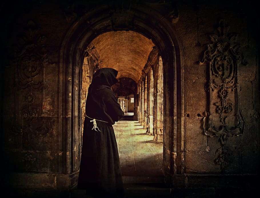 person, wearing, black, hoodie, top, monk, man, monastery, archway, cowl