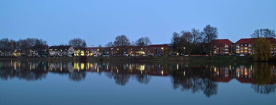 aasee, münster, panorama, evening, mirroring, water, reflection, architecture, built structure, building exterior