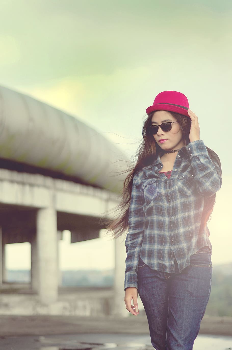 women, cheerful, model, indonesian women, red hat, afternoon, out door, girl, fashion, sunglasses